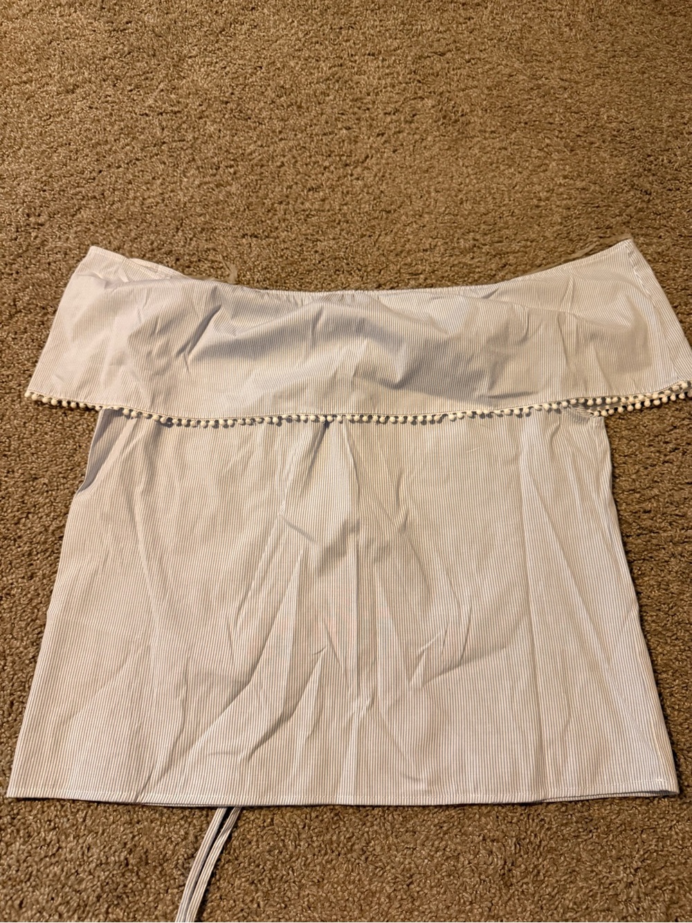 BLVD White Pinstriped Off-Shoulder Shirt.